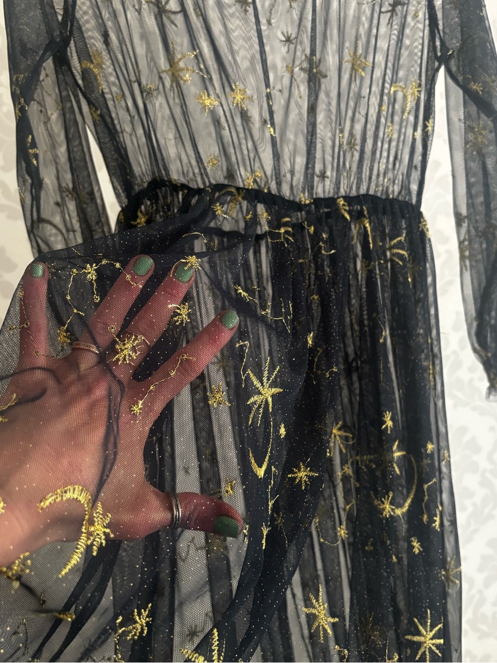 Youmu Navy Sheer Mesh Midi Dress with Gold Celestial Embroidery - Picture 3 of 8